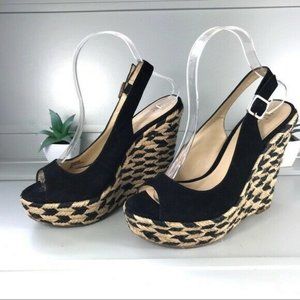 INC Black Suede Peep Toe Espadrille Wedges